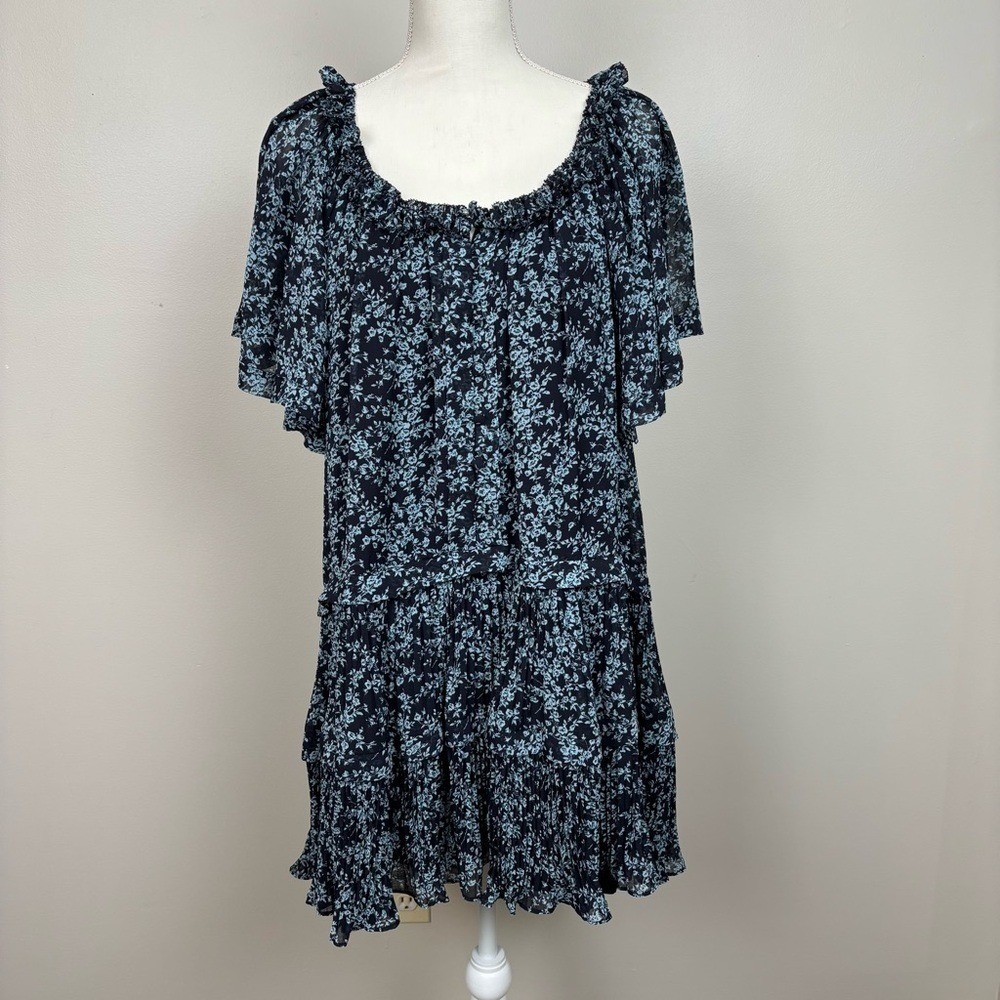 Anthropologie Dress XS Blue Short-Sleeve Keyhole Swing Tunic Mini Floral Dress